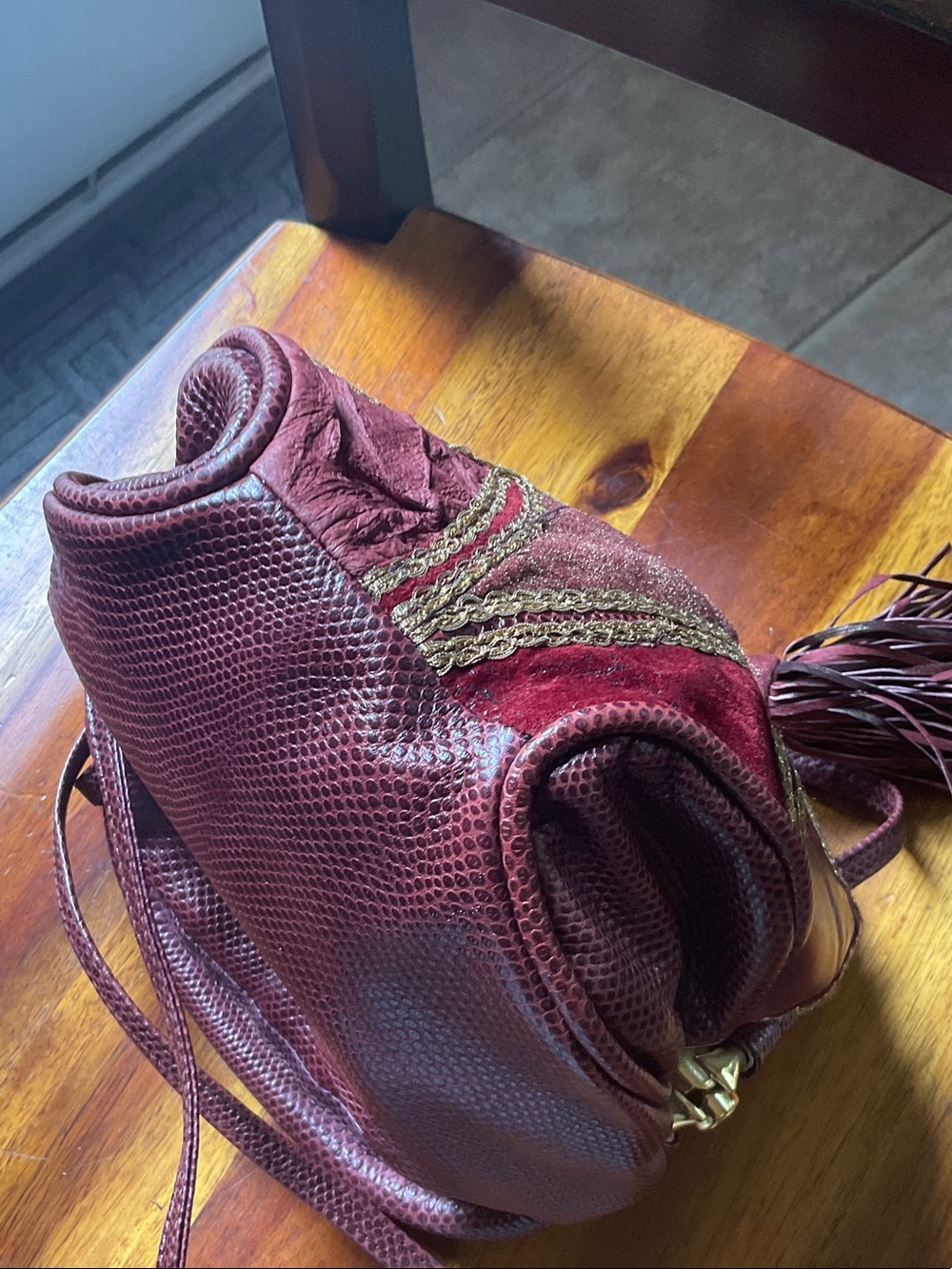 I.Magnin Vintage-Inspired Burgundy Tassel Crossbody Bag - Picture 9 of 10
